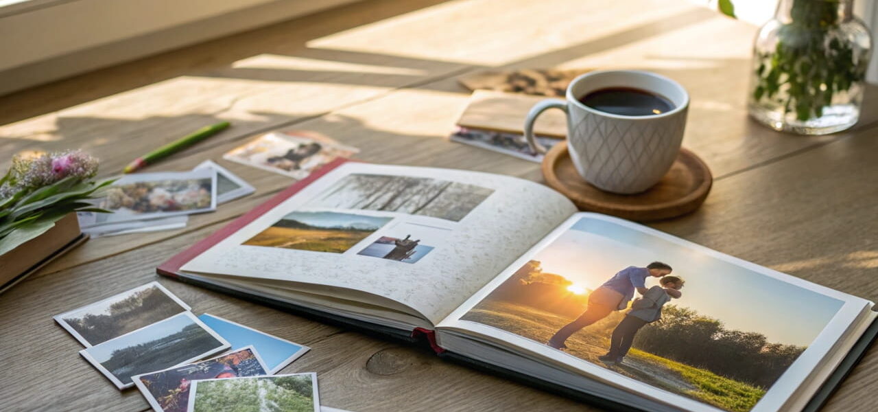 Fotobuch mit hochwertigen Fotos, umgeben von ausgedruckten Bildern und einer Tasse Kaffee auf einem Holztisch.
