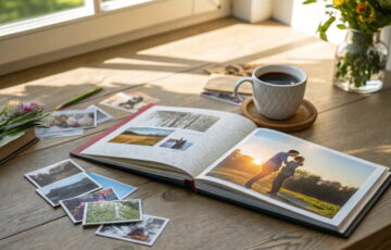 Fotobuch mit hochwertigen Fotos, umgeben von ausgedruckten Bildern und einer Tasse Kaffee auf einem Holztisch.