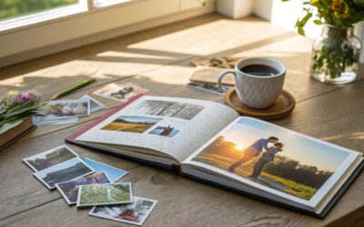 Fotobuch mit hochwertigen Fotos, umgeben von ausgedruckten Bildern und einer Tasse Kaffee auf einem Holztisch.