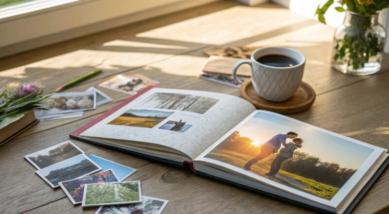 Fotobuch mit hochwertigen Fotos, umgeben von ausgedruckten Bildern und einer Tasse Kaffee auf einem Holztisch.