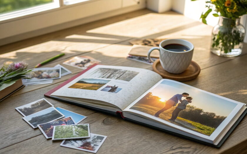Fotobuch mit hochwertigen Fotos, umgeben von ausgedruckten Bildern und einer Tasse Kaffee auf einem Holztisch.