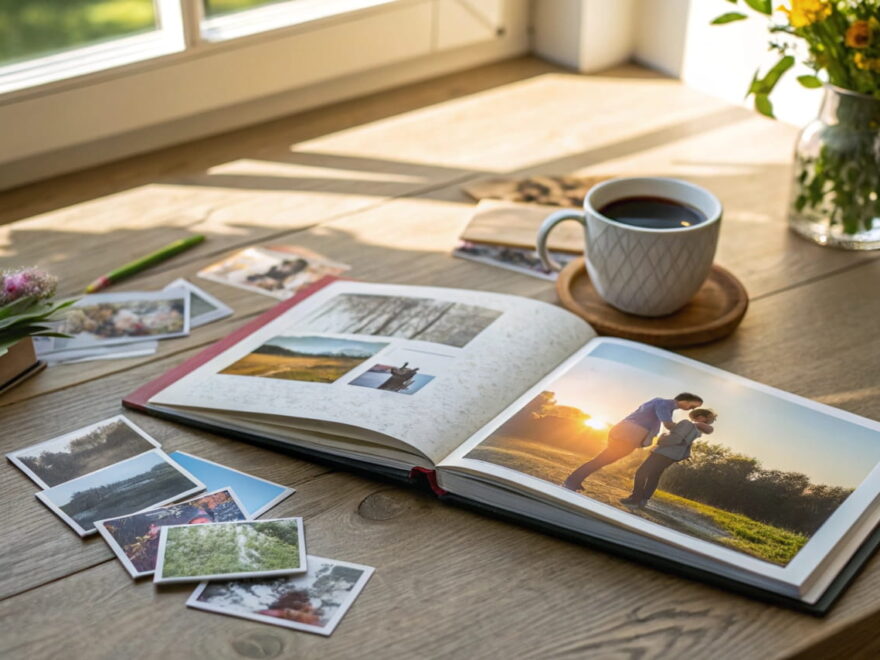 Fotobuch mit hochwertigen Fotos, umgeben von ausgedruckten Bildern und einer Tasse Kaffee auf einem Holztisch.