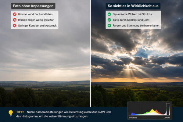 Warum Wolken auf Fotos oft weniger beeindruckend wirken Vergleichsgrafik mit flachem und kontrastreichem Wolkenfoto über einer Landschaft