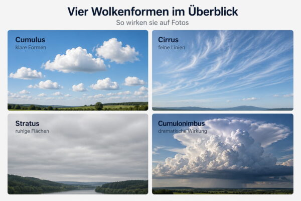 Wolkenarten als Fotomotive im Überblick Erklaergrafik mit Cumulus, Cirrus, Stratus und Cumulonimbus als Fotomotive