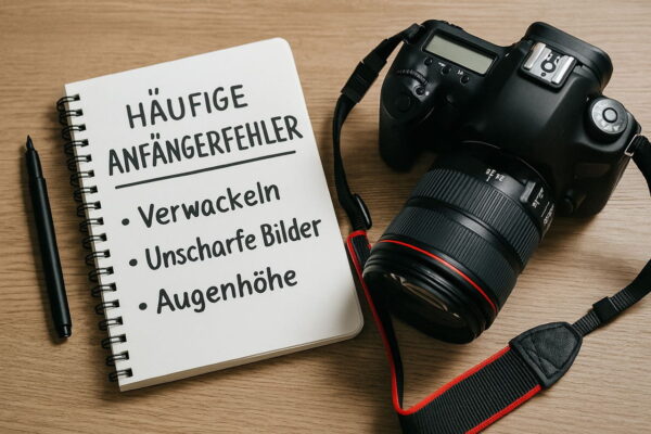 Häufige Anfängerfehler in der Fotografie erkennen und vermeiden DSLR-Kamera neben Notizbuch mit handgeschriebener Liste typischer Anfängerfehler in der Fotografie wie Verwackeln oder unscharfe Bilder