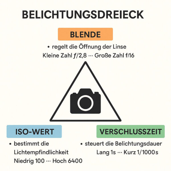 Das Belichtungsdreieck einfach erklärt für Einsteiger Infografik zum Belichtungsdreieck mit Blende, Verschlusszeit und ISO-Wert