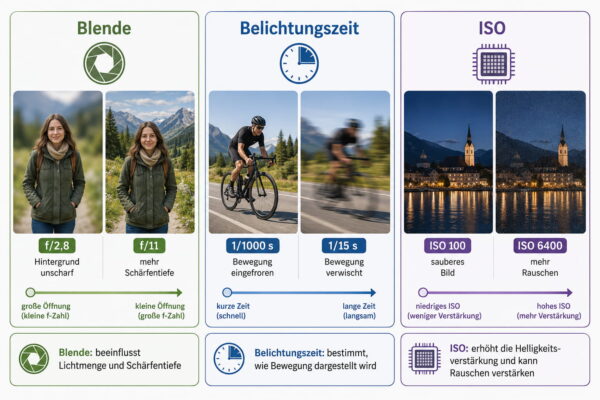 Blende, Belichtungszeit und ISO einfach erklärt Vergleich von Blende, Belichtungszeit und ISO mit Beispielen zu Schärfentiefe, Bewegungsdarstellung und Bildrauschen