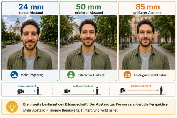 Brennweite, Abstand und Perspektive einfach erklärt Vergleich von 24 mm, 50 mm und 85 mm mit unterschiedlichem Abstand und ihrer Wirkung auf Perspektive und Hintergrund