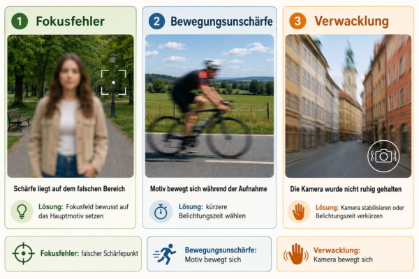 Fokusfehler, Bewegungsunschärfe und Verwacklung erklärt Vergleich von Fokusfehler, Bewegungsunschärfe und Verwacklung mit typischen Ursachen und passenden Lösungen