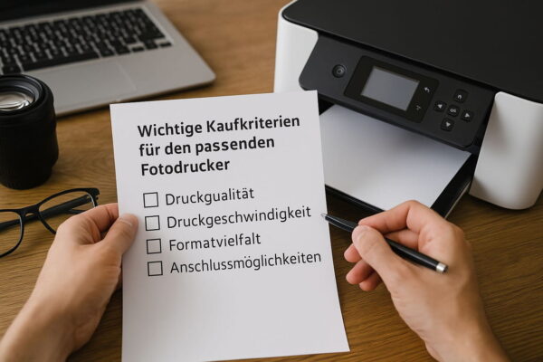 Wichtige Kaufkriterien für den passenden Fotodrucker Checkliste mit wichtigen Kaufkriterien für einen Fotodrucker auf Schreibtisch mit Drucker, Laptop und Kameraobjektiv