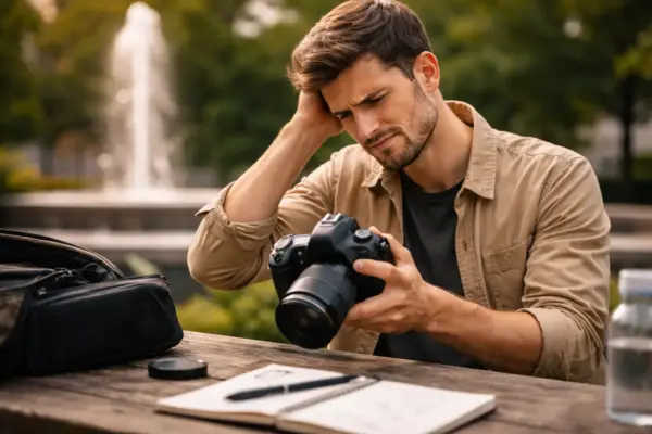 Fotograf überprüft enttäuscht seine Kameraeinstellungen