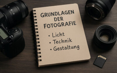 Notizbuch mit Aufschrift „Grundlagen der Fotografie“ sowie den Stichworten Licht, Technik und Gestaltung, daneben Kameraausrüstung