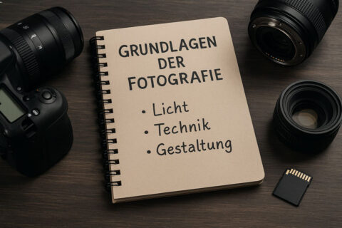 Notizbuch mit Aufschrift „Grundlagen der Fotografie“ sowie den Stichworten Licht, Technik und Gestaltung, daneben Kameraausrüstung