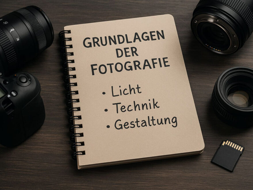 Notizbuch mit Aufschrift „Grundlagen der Fotografie“ sowie den Stichworten Licht, Technik und Gestaltung, daneben Kameraausrüstung