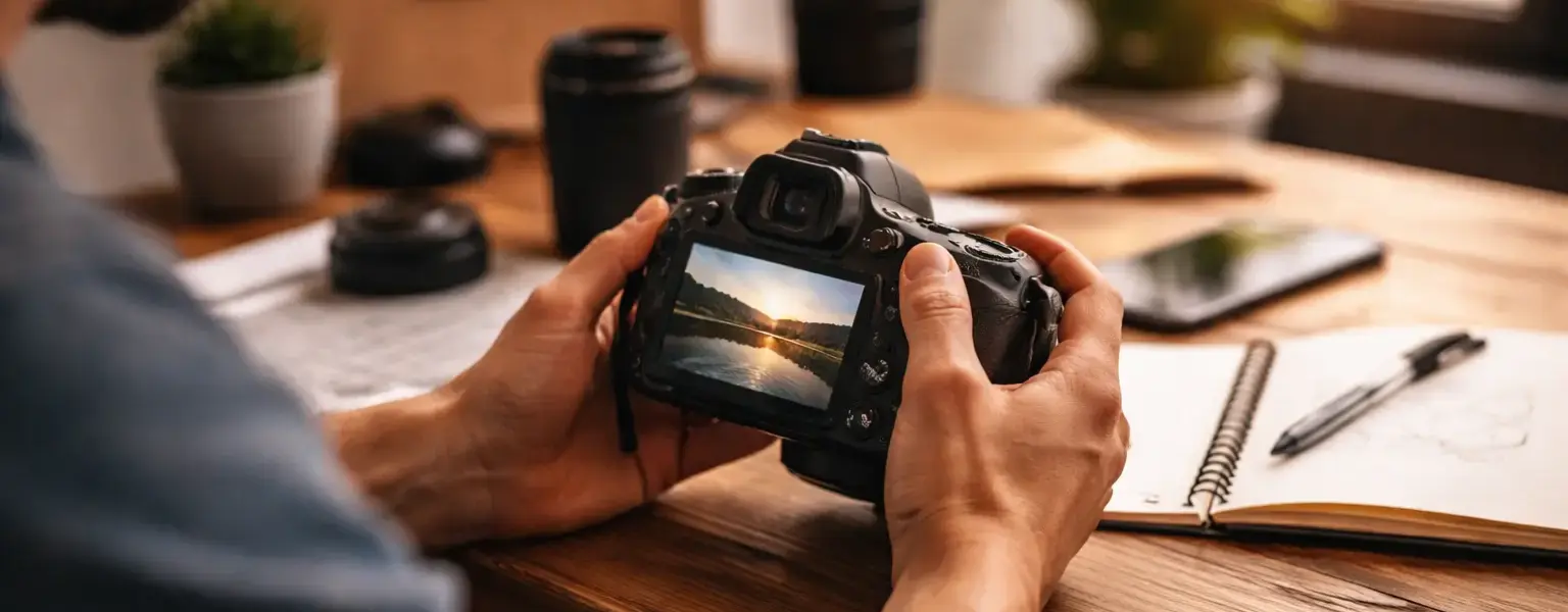 Fotograf betrachtet Bildwirkung auf dem Kameradisplay