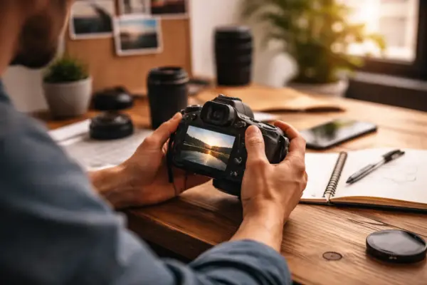Fotograf betrachtet Bildwirkung auf dem Kameradisplay