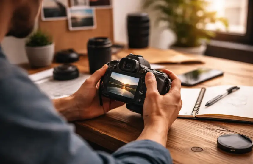 Fotograf betrachtet Bildwirkung auf dem Kameradisplay