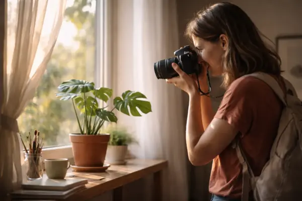 Fotografin nutzt natürliches Fensterlicht, um ein Motiv bewusst zu fotografieren