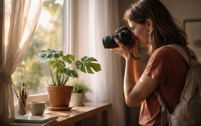 Fotografin nutzt natürliches Fensterlicht, um ein Motiv bewusst zu fotografieren
