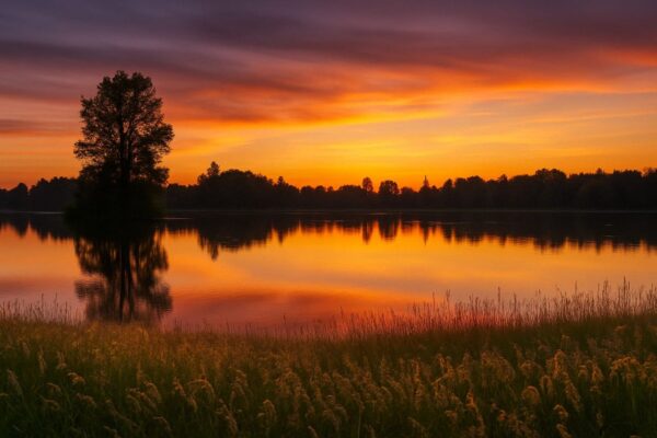 Stimmungsvolles Landschaftsfoto bei Sonnenuntergang mit warmem Licht und kräftigen Farben