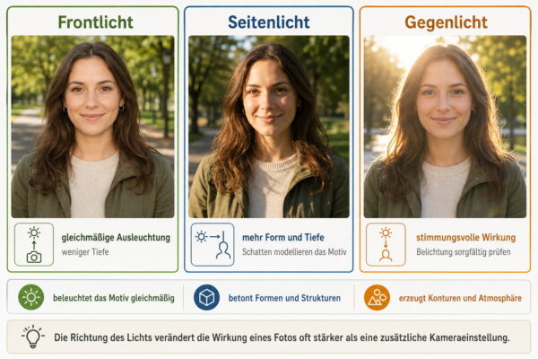 Frontlicht, Seitenlicht und Gegenlicht einfach erklärt Vergleich von Frontlicht, Seitenlicht und Gegenlicht mit ihrer Wirkung auf Porträts in der Fotografie