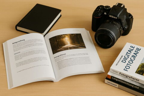 Fotografie-Bücher für Einsteiger auf einem Tisch mit Kamera