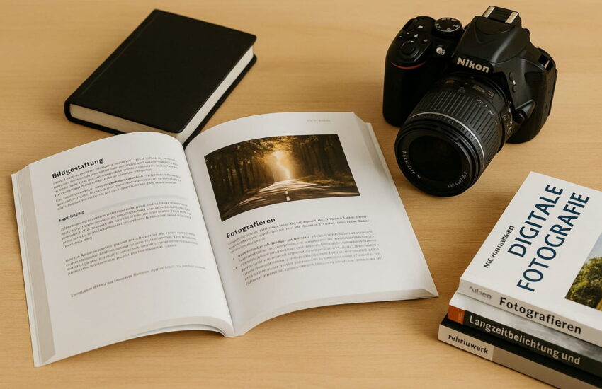 Fotografie-Bücher für Einsteiger auf einem Tisch mit Kamera