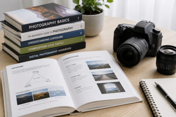 Fotografie-Bücher für Einsteiger neben Kamera und Objektiv