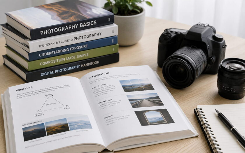 Fotografie-Bücher für Einsteiger neben Kamera und Objektiv