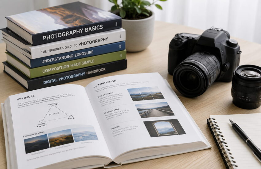 Fotografie-Bücher für Einsteiger neben Kamera und Objektiv