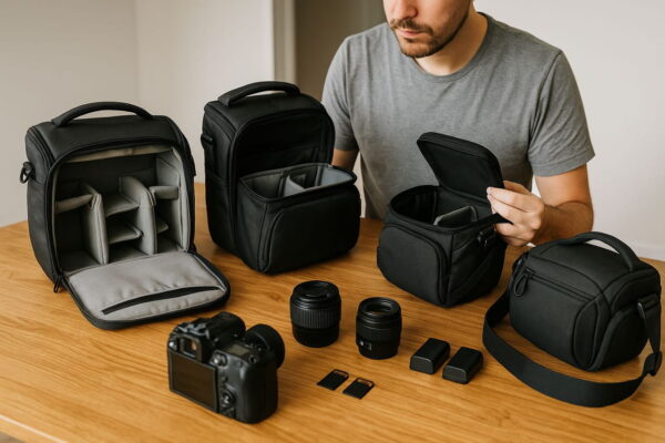 Worauf du beim Kauf einer Fototasche wirklich achten solltest Fotograf vergleicht verschiedene Fototaschenmodelle am Tisch mit Kamera und Zubehör im Vordergrund