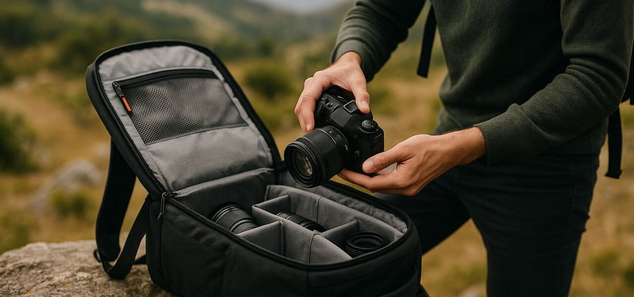 Fototasche mit Kameraausrüstung im Einsatz bei einem Outdoor-Fotografen in der Natur