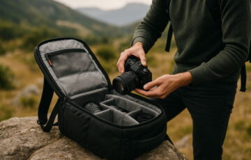 Fototasche mit Kameraausrüstung im Einsatz bei einem Outdoor-Fotografen in der Natur