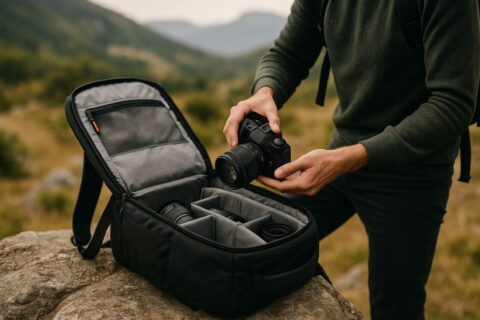 Fototasche mit Kameraausrüstung im Einsatz bei einem Outdoor-Fotografen in der Natur