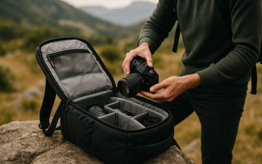 Fototasche mit Kameraausrüstung im Einsatz bei einem Outdoor-Fotografen in der Natur