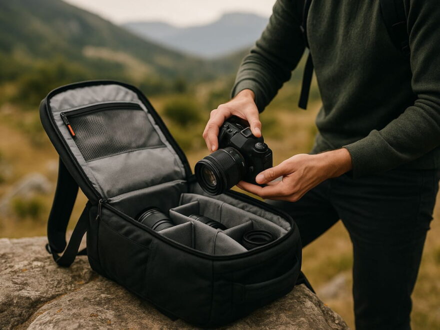 Fototasche mit Kameraausrüstung im Einsatz bei einem Outdoor-Fotografen in der Natur