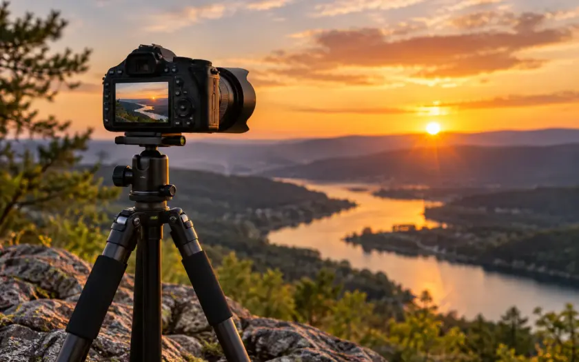 Kamera auf einem Stativ bei der Landschaftsfotografie im Sonnenuntergang