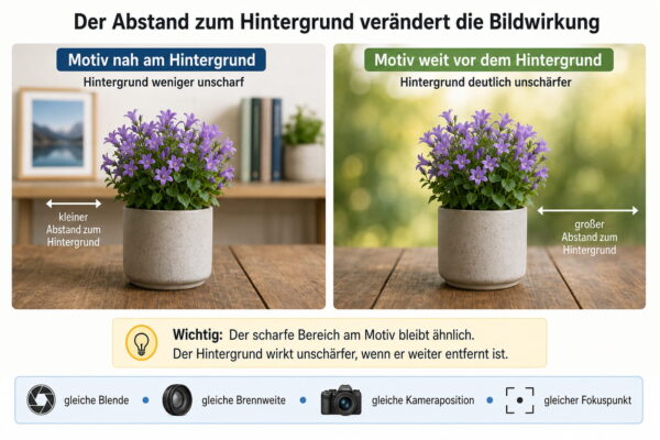 Vergleich eines Motivs nah und weit vor dem Hintergrund mit unterschiedlicher Hintergrundunschärfe