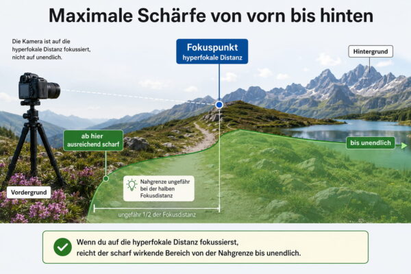 Hyperfokale Distanz mit Fokuspunkt, Nahgrenze und Schärfebereich bis unendlich