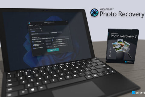 Benutzeroberfläche von Ashampoo Photo Recovery 3 auf einem Laptop mit Produktverpackung im Hintergrund