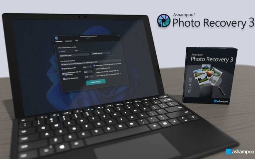 Benutzeroberfläche von Ashampoo Photo Recovery 3 auf einem Laptop mit Produktverpackung im Hintergrund