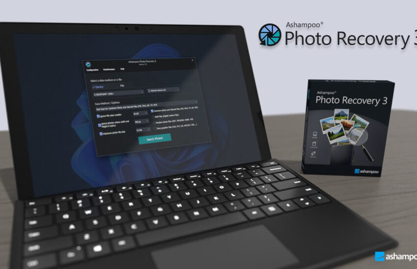 Benutzeroberfläche von Ashampoo Photo Recovery 3 auf einem Laptop mit Produktverpackung im Hintergrund