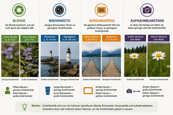 Infografik zu Blende, Brennweite, Sensorgröße und Aufnahmeabstand als Einflussfaktoren der Schärfentiefe