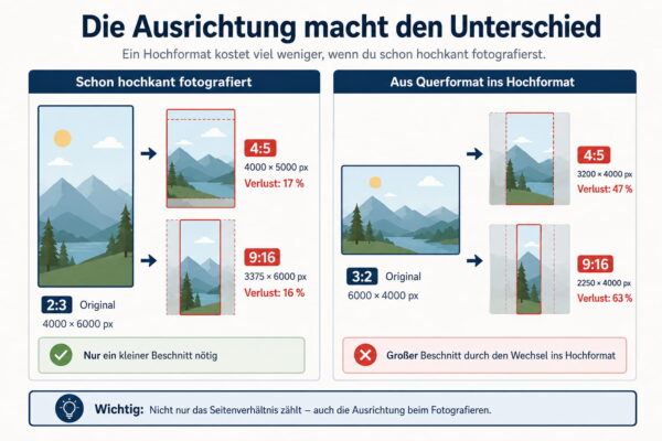 Pixelverlust beim Zuschneiden in 4:5 und 9:16 Infografik zum Pixelverlust beim Zuschneiden von 2:3 und 3:2 auf 4:5 und 9:16