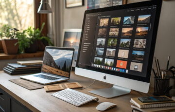 Chaotische und organisierte Fotoverwaltung im Vergleich auf zwei Monitoren
