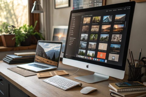 Chaotische und organisierte Fotoverwaltung im Vergleich auf zwei Monitoren