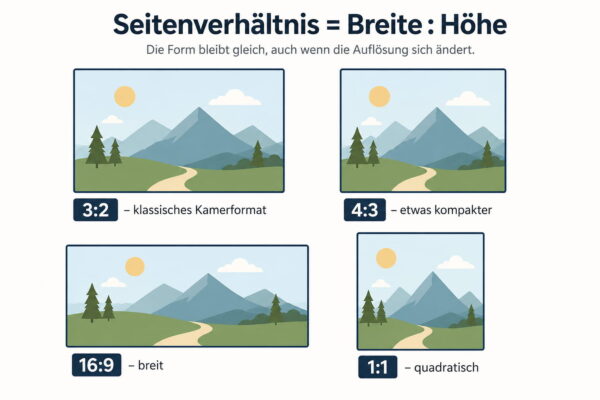 Seitenverhältnisse in der Fotografie im Vergleich Infografik zu Seitenverhältnissen in der Fotografie mit 3:2, 4:3, 16:9 und 1:1 im Vergleich