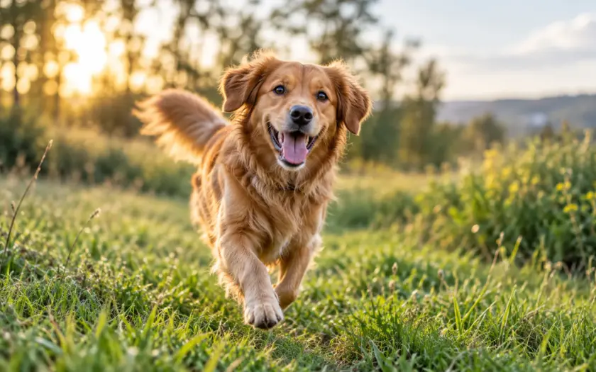 Fröhlicher Hund läuft auf einer Wiese auf die Kamera zu