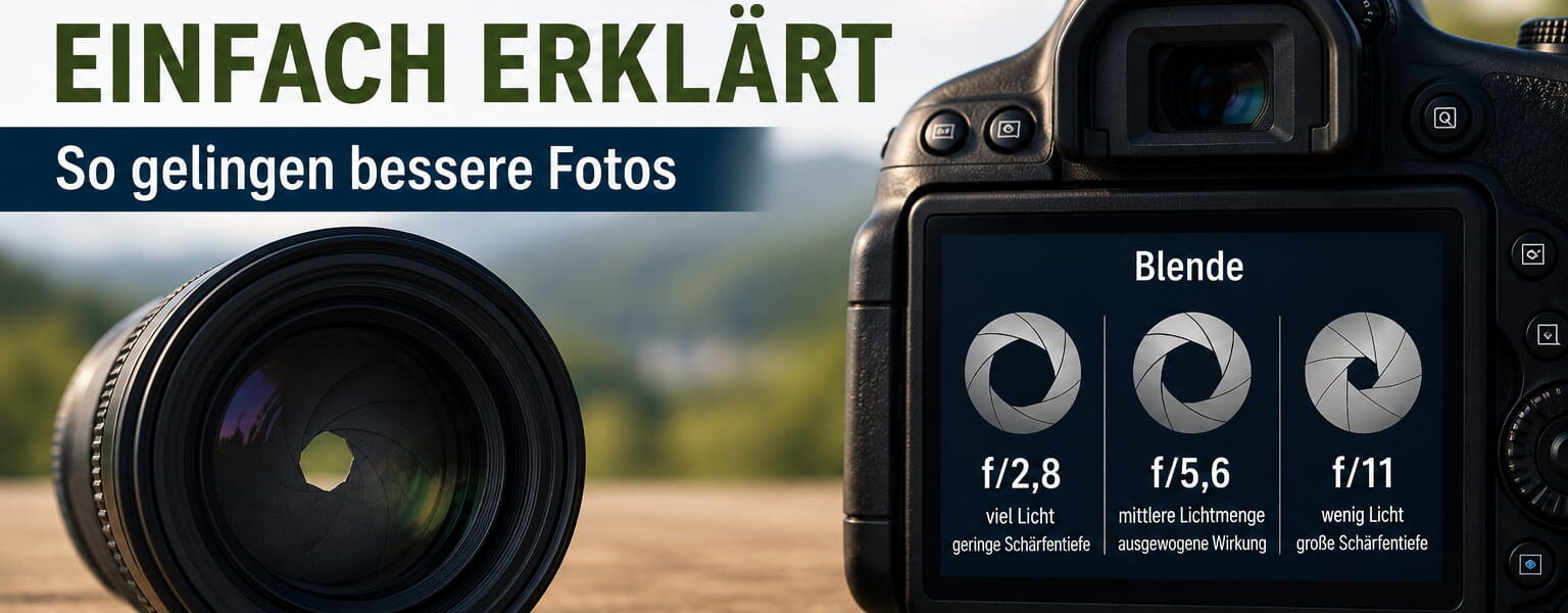 Blende einfach erklärt mit Kamera, Objektiv und Blendenwerten f/2,8, f/5,6 und f/11