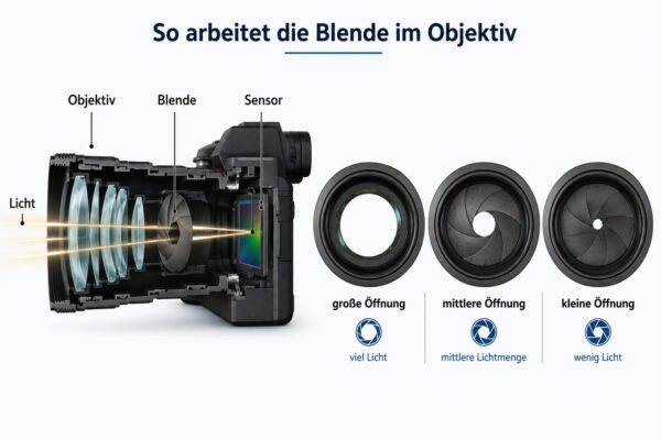 Blende im Kameraobjektiv mit großer, mittlerer und kleiner Öffnung